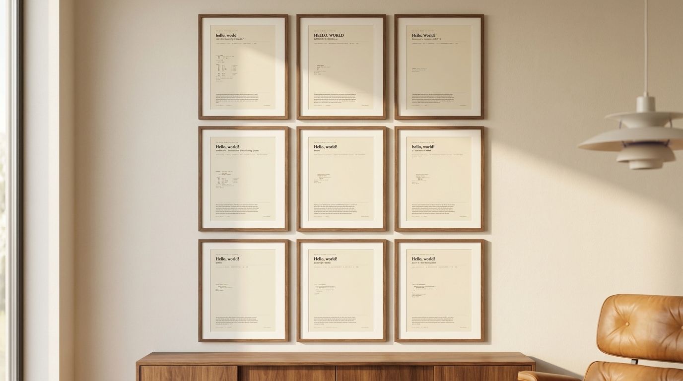 The Hello World Collection — nine framed prints arranged as a 3×3 gallery wall in an executive home office.